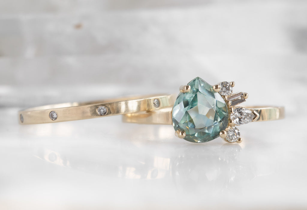 One of a Kind Montana Sapphire & Diamond Cluster Ring with Stacking Band