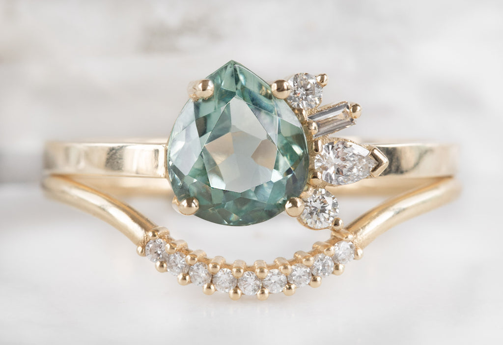 One of a Kind Montana Sapphire & Diamond Cluster Ring with Stacking Band
