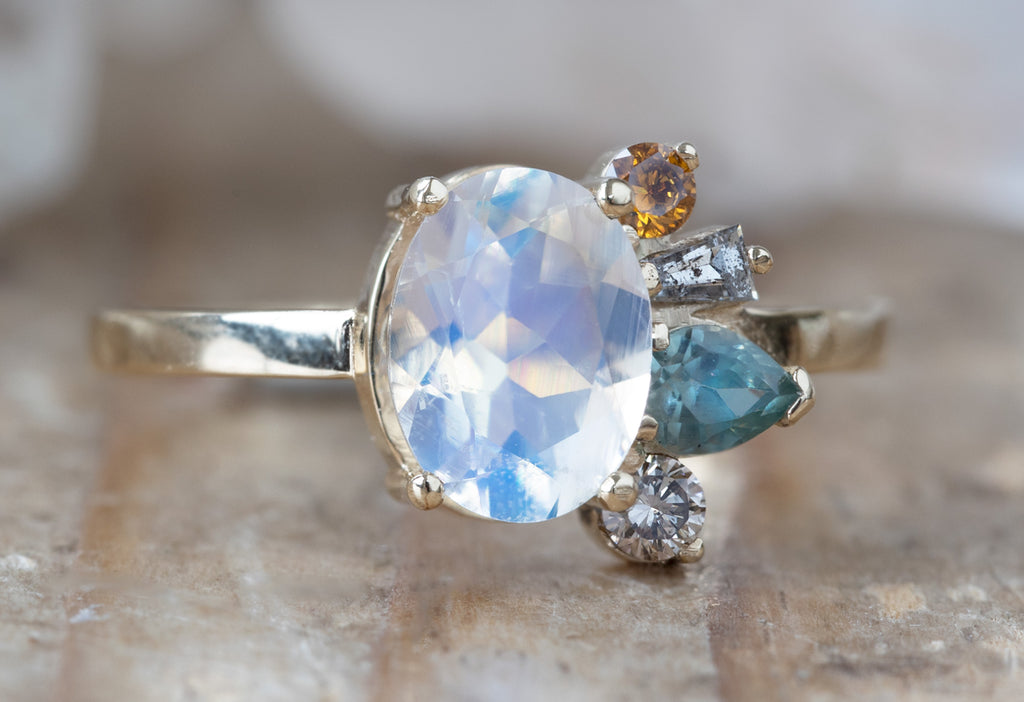 One of a Kind Moonstone and Diamond Cluster Ring side view