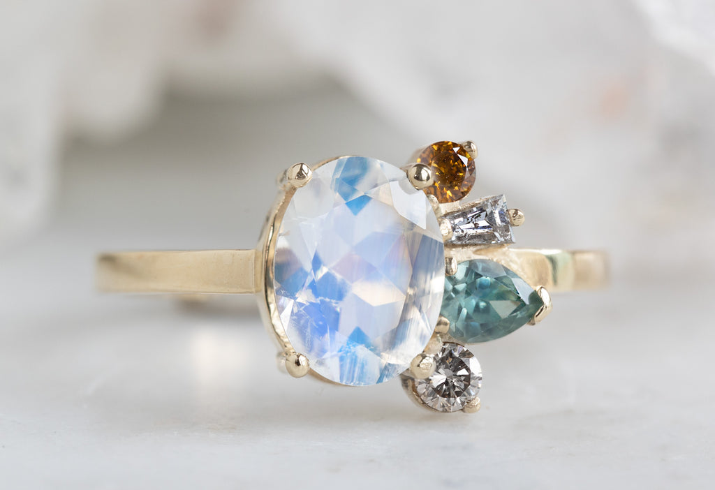 One of a Kind Moonstone and Diamond Cluster Ring side view