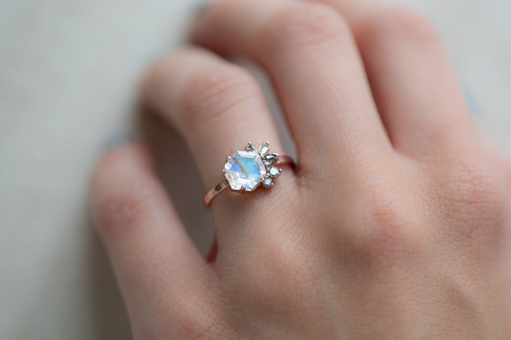 One of a Kind Moonstone + Diamond Cluster Ring on Model