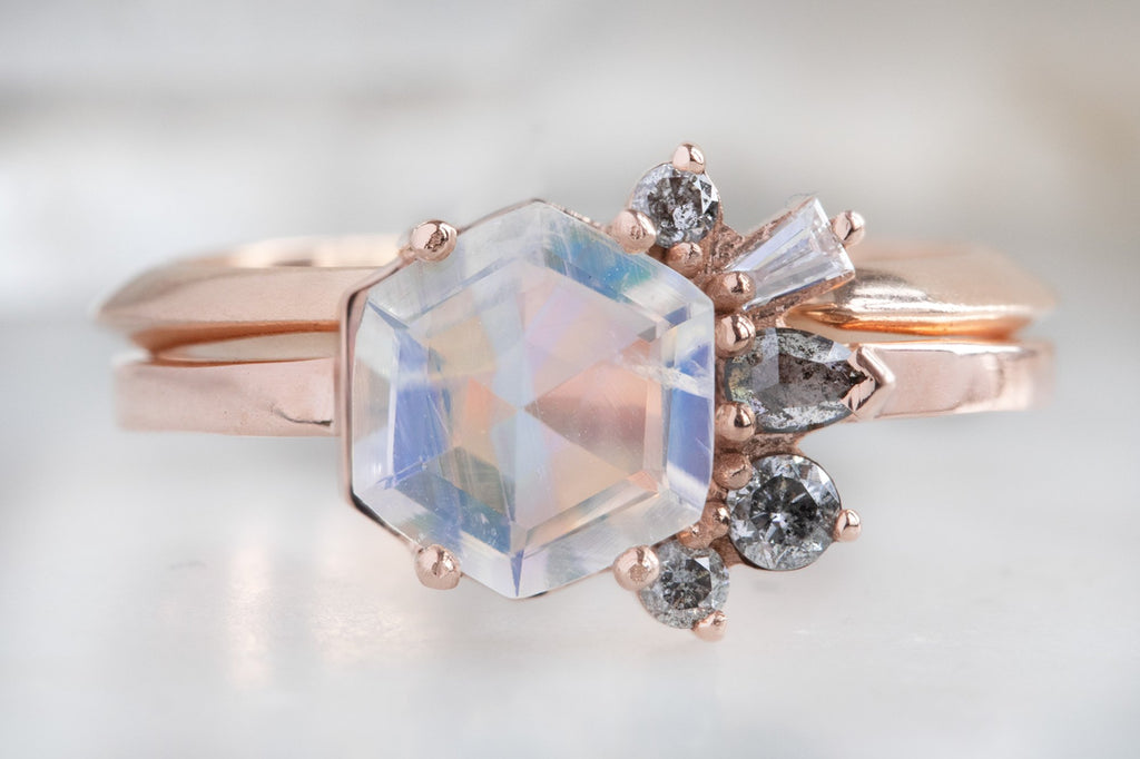 One of a Kind Moonstone + Diamond Cluster Ring with Stacking Band