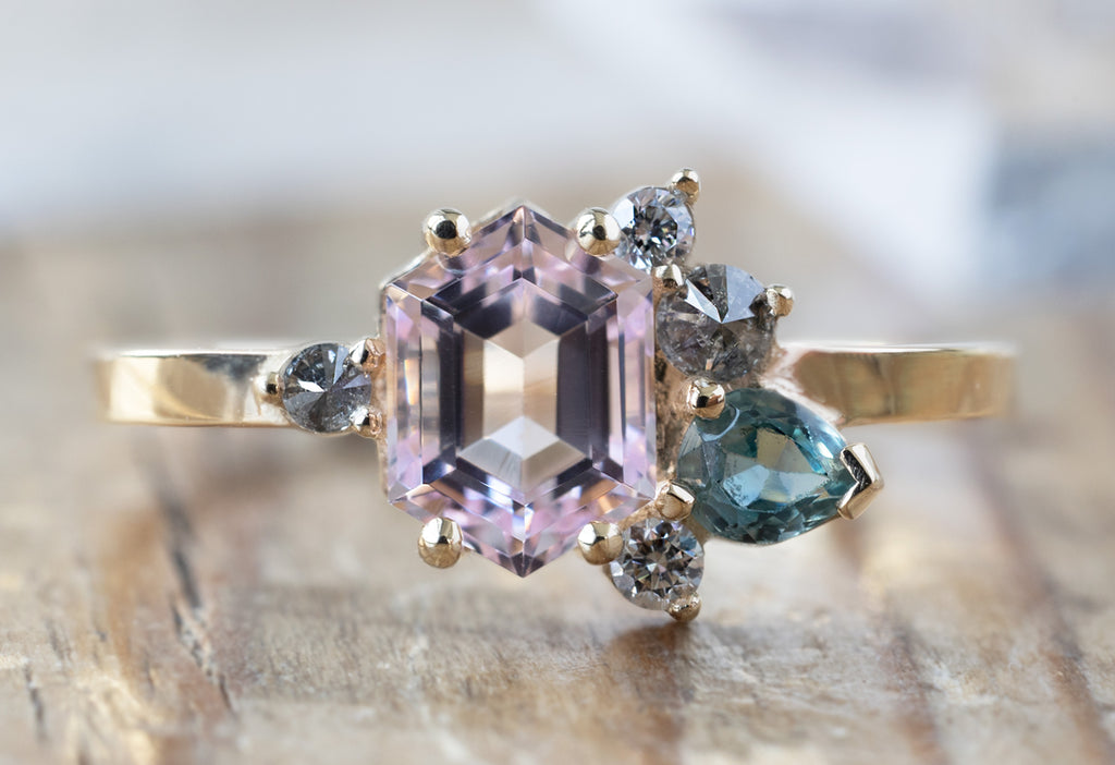 One of a Kind Morganite, Diamond + Sapphire Cluster Ring