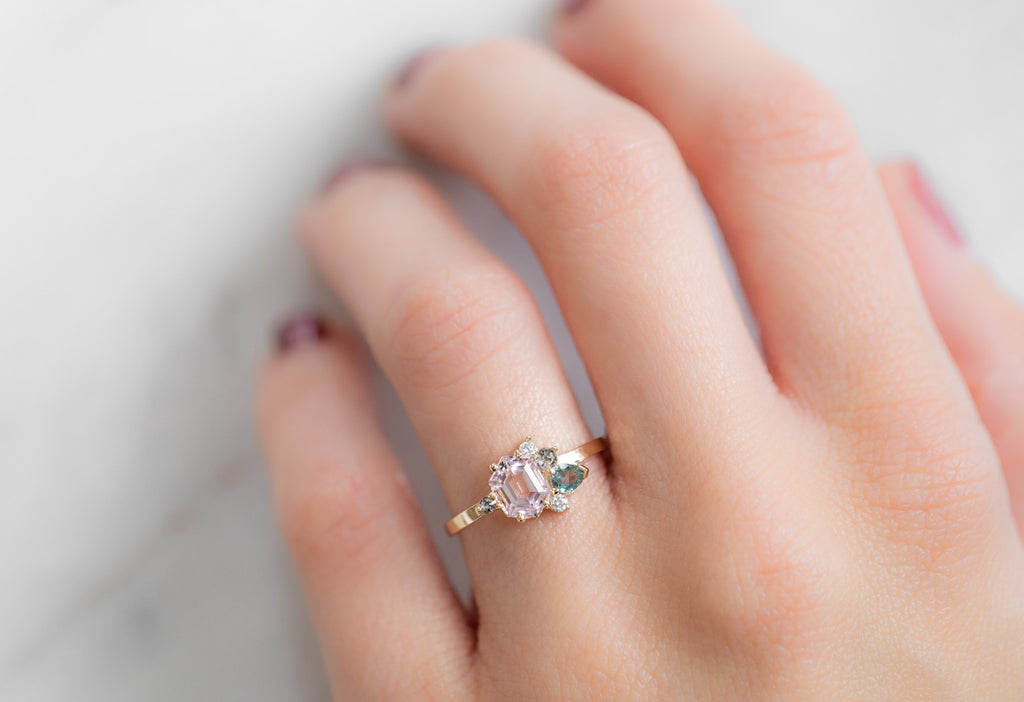 One of a Kind Morganite, Diamond + Sapphire Cluster Ring on Model