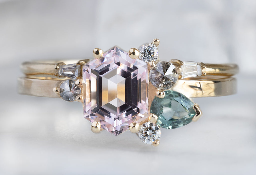 One of a Kind Morganite, Diamond + Sapphire Cluster Ring with Stacking Band