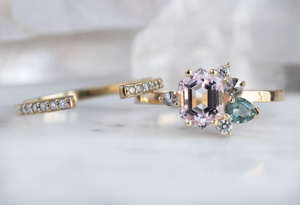 One of a Kind Morganite, Diamond + Sapphire Cluster Ring with Stacking Band