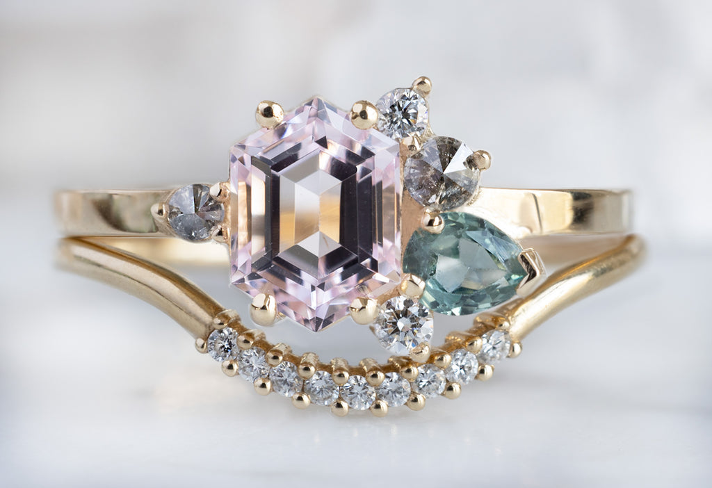 One of a Kind Morganite, Diamond + Sapphire Cluster Ring with Stacking Band