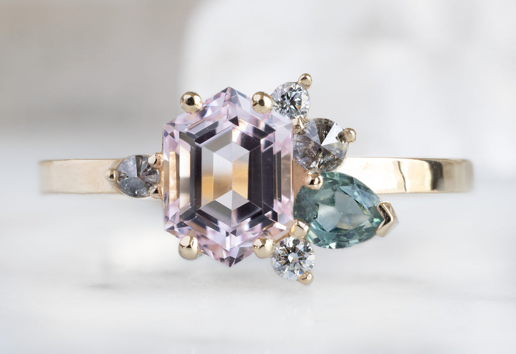One of a Kind Morganite, Diamond + Sapphire Cluster Ring
