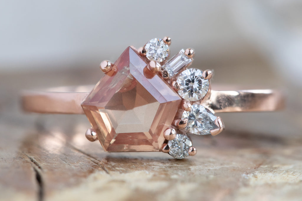 One of a Kind Peach Sapphire & Diamond Cluster Ring