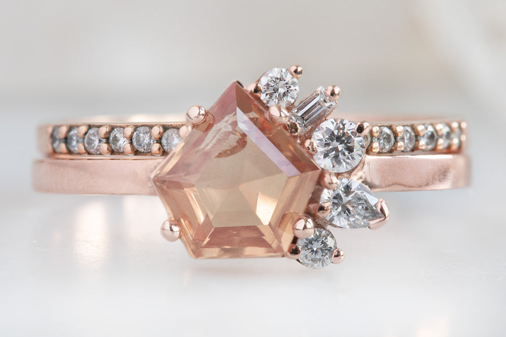 One of a Kind Peach Sapphire & Diamond Cluster Ring With Stacking Band