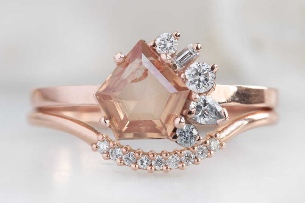 One of a Kind Peach Sapphire & Diamond Cluster Ring With Stacking Band