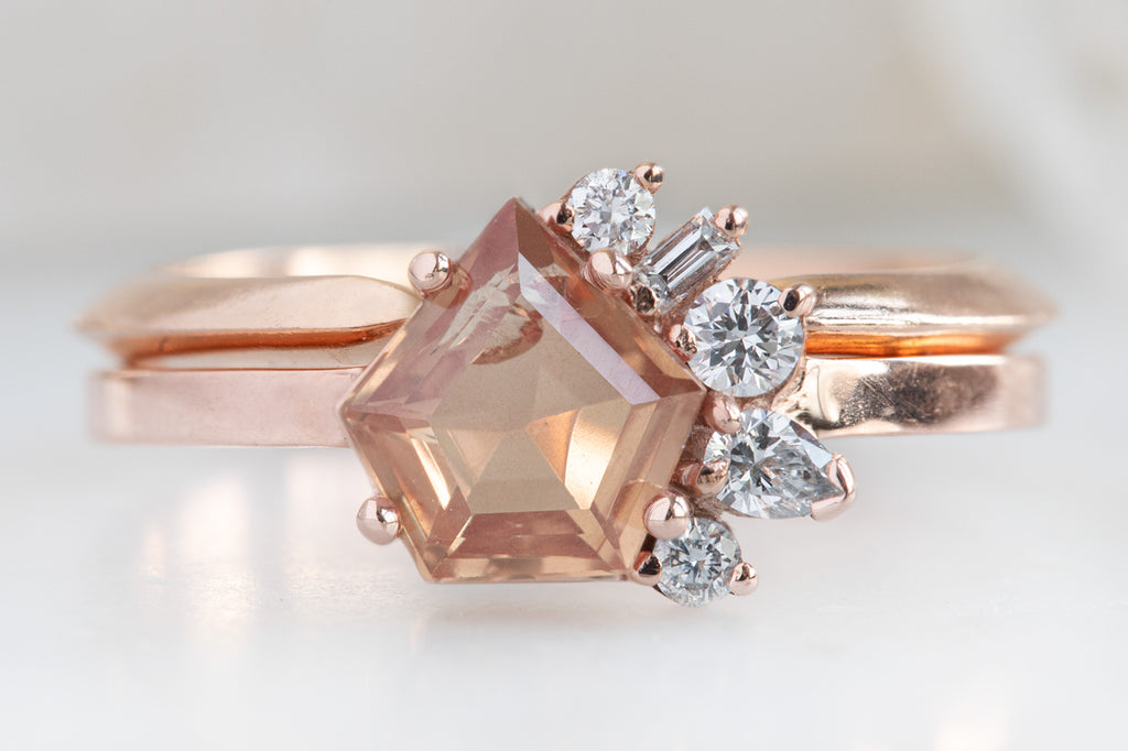 One of a Kind Peach Sapphire & Diamond Cluster Ring With Stacking Band