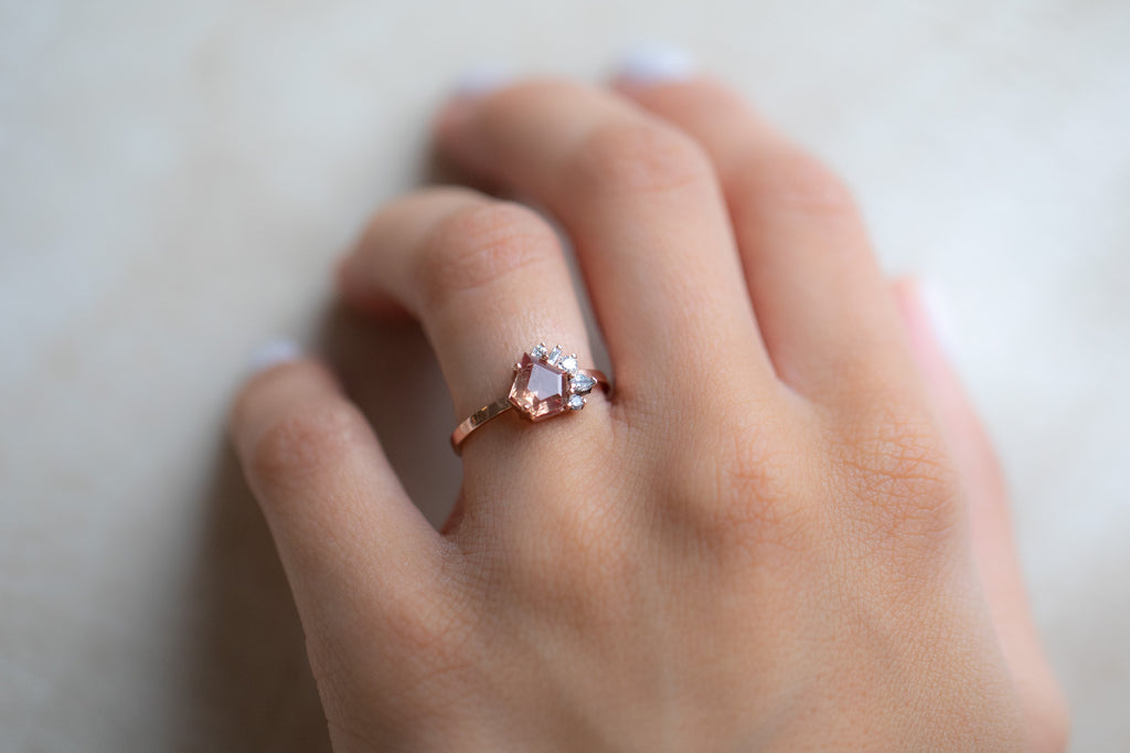 One of a Kind Peach Sapphire & Diamond Cluster Ring on Model