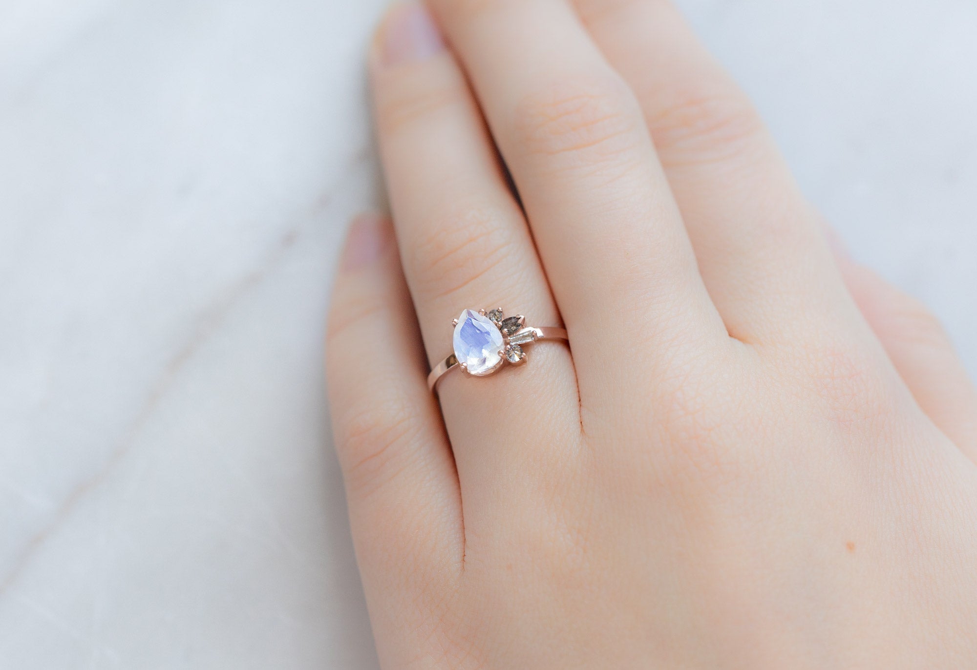 Rose Gold Female Moonstone Engagement Ring With Pear Moissanite June  Birthstone