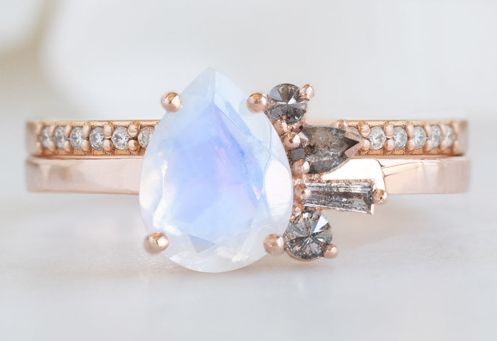 One of a Kind Pear-Cut Moonstone + Diamond Cluster Ring with Open Cuff Pavé Stacking Band