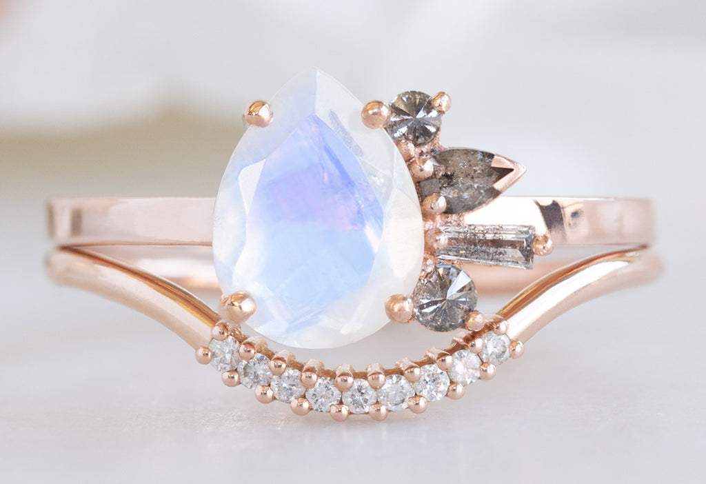 One of a Kind Pear-Cut Moonstone + Diamond Cluster Ring with Pavé Arc Stacking Band