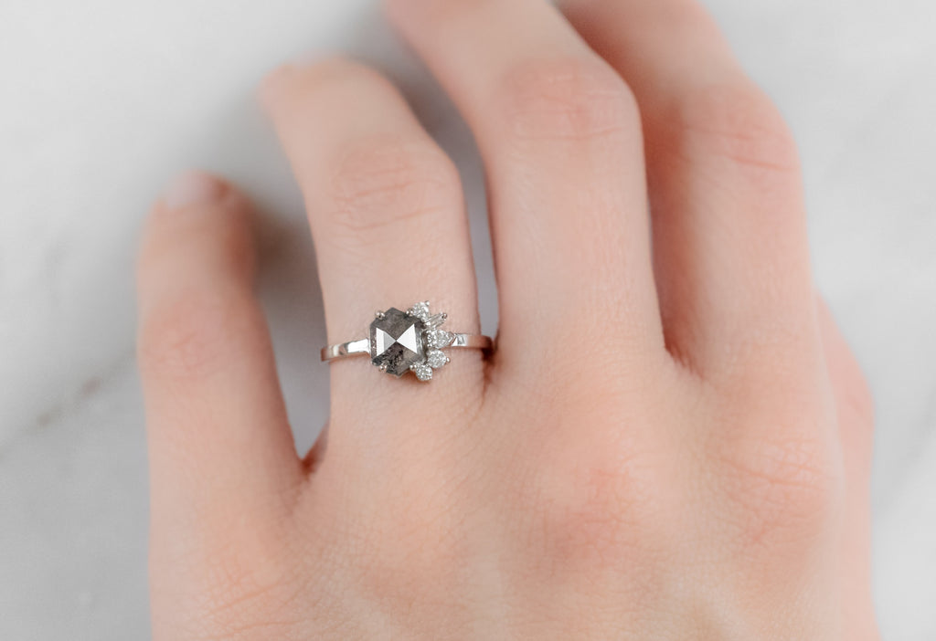 One of a Kind Salt and Pepper Hexagon Diamond Cluster Ring