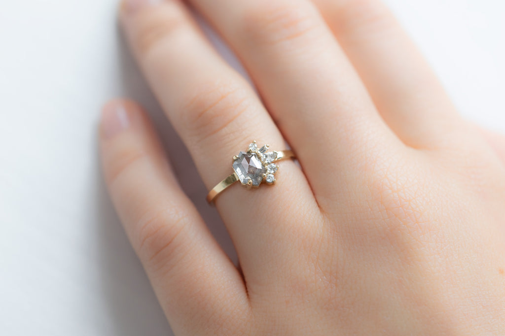 One-of-a-Kind Salt and Pepper Hexagon Diamond Cluster Ring on Model