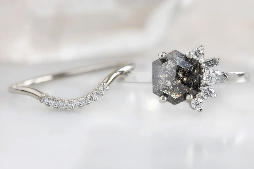 One of a Kind Salt and Pepper Hexagon Diamond Cluster Ring