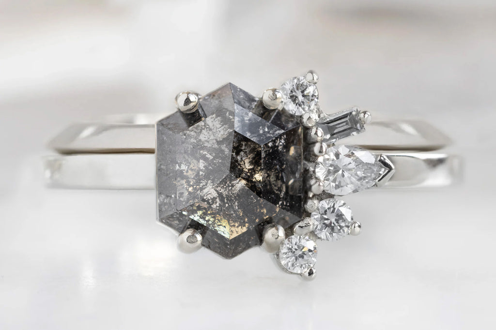 One of a Kind Salt and Pepper Hexagon Diamond Cluster Ring