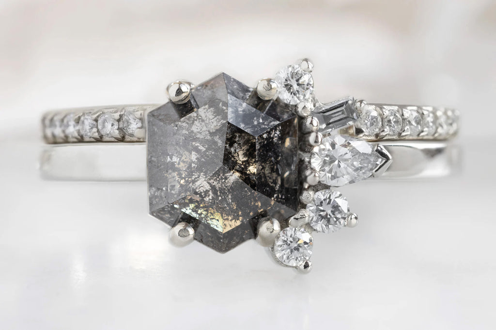 One of a Kind Salt and Pepper Hexagon Diamond Cluster Ring