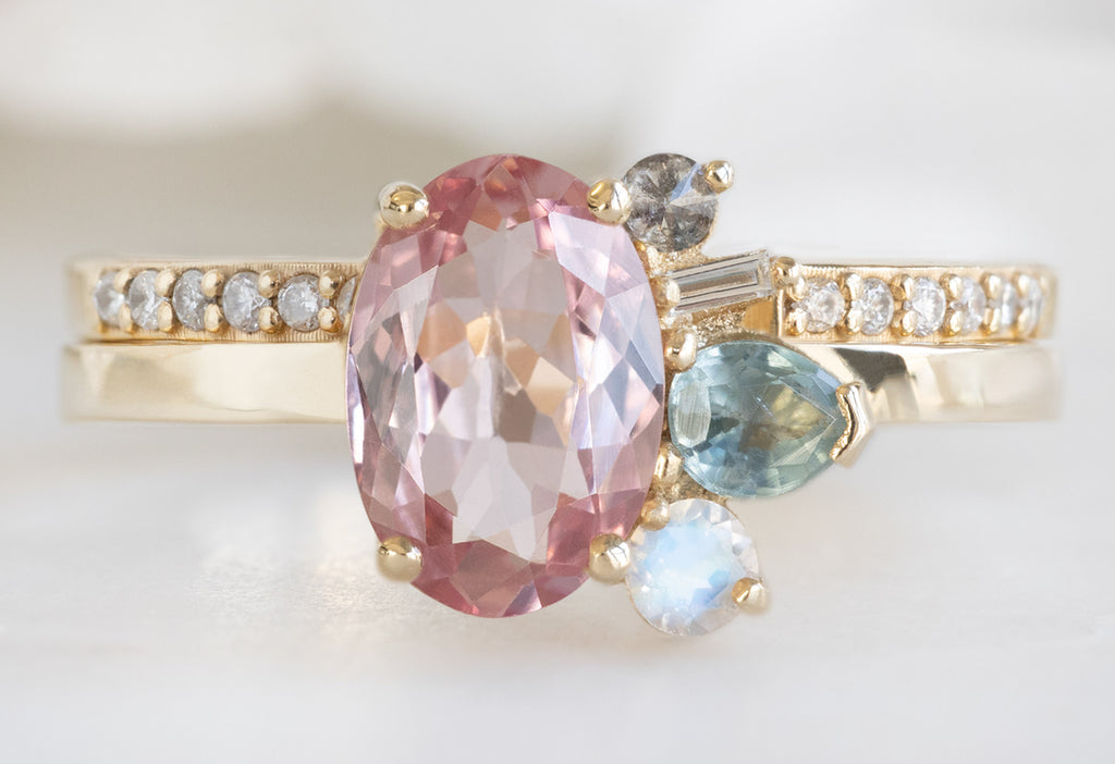 One of a Kind Spinel, Diamond + Gemstone Cluster Ring Open Cuff Pavé Stacking Band