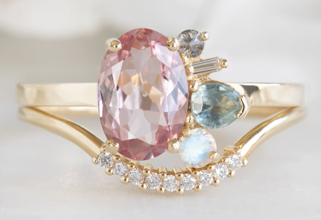 One of a Kind Spinel, Diamond + Gemstone Cluster Ring with Pavé Arc Stacking Band
