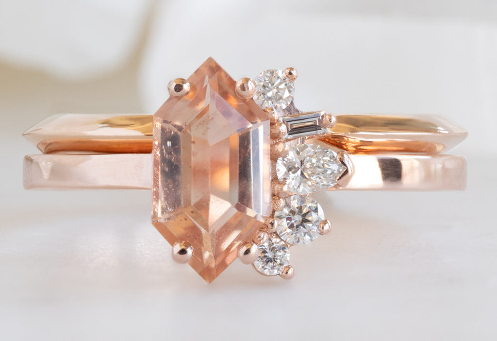 One of a Kind Sunstone Hexagon + Diamond Cluster Ring with Open Cuff Knife Edge Stacking Band