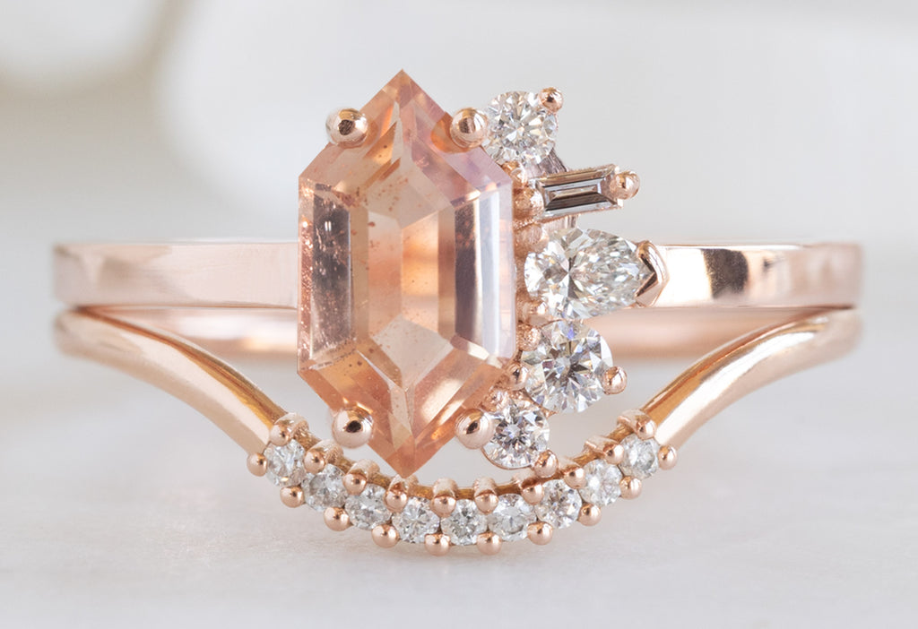 One of a Kind Sunstone Hexagon + Diamond Cluster Ring Pavé Arc Stacking Band