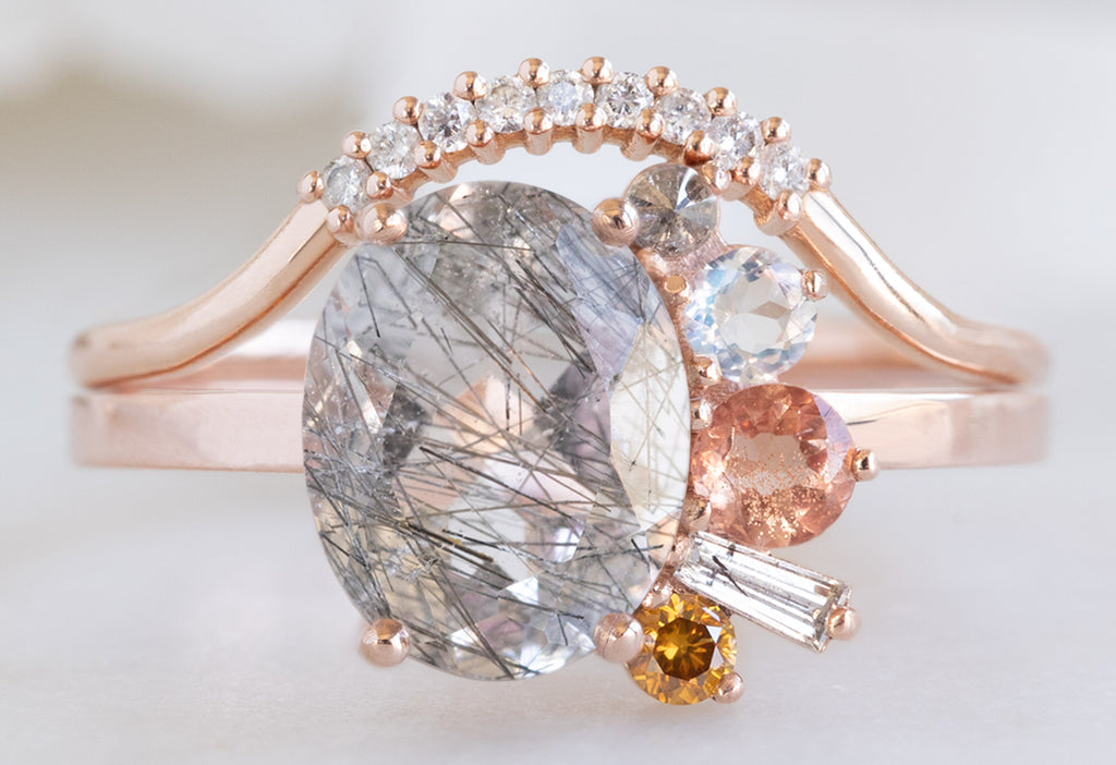 One-of-a-Kind Tourmaline in Quartz Cluster Ring with Pavé Arc Stacking Band