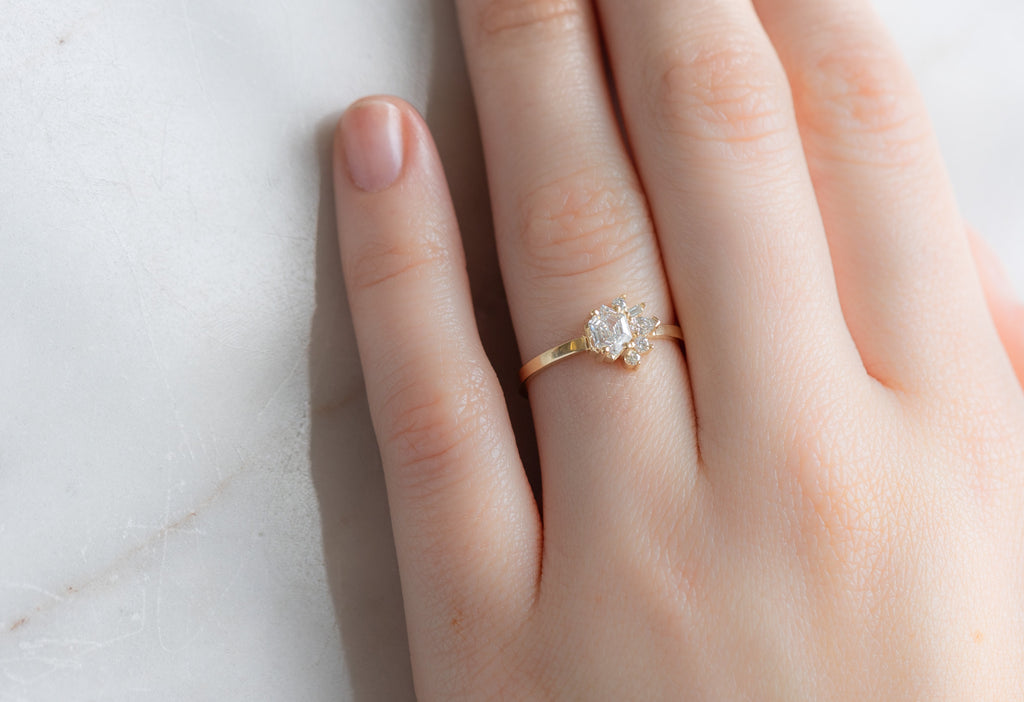 One-of-a-Kind White Hexagon Diamond Cluster Ring on Model