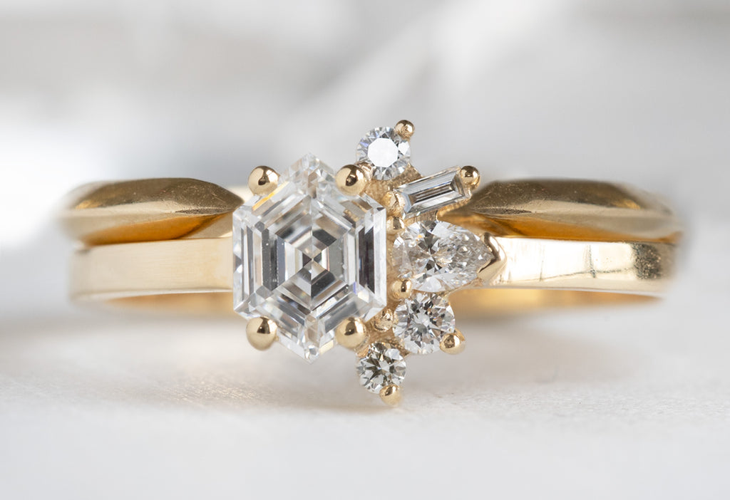 One-of-a-Kind White Hexagon Diamond Cluster Ring with Open Cuff Knife Edge Stacking Band