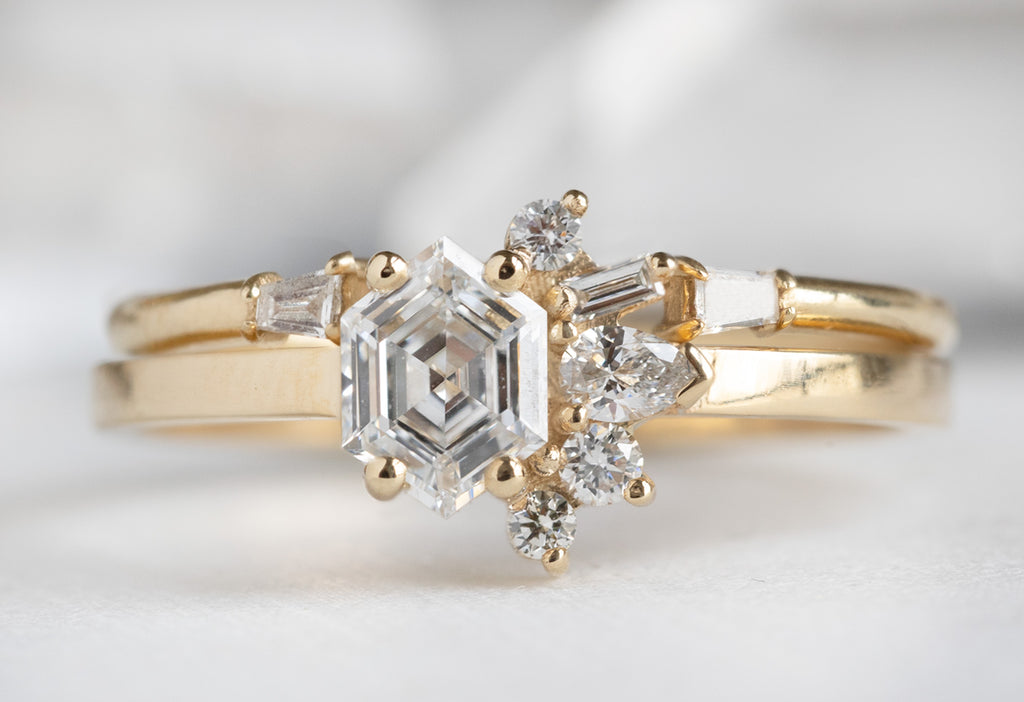 One-of-a-Kind White Hexagon Diamond Cluster Ring with Open Cuff Diamond Baugette Diamond Stacking Band