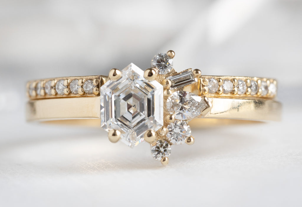 One-of-a-Kind White Hexagon Diamond Cluster Ring with Stacking Band