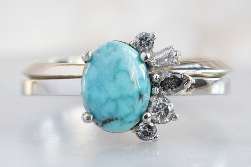 One of a Kind Turquoise & Diamond Cluster Ring with Stacking Band