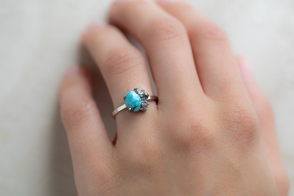 One of a Kind Turquoise & Diamond Cluster Ring on Model