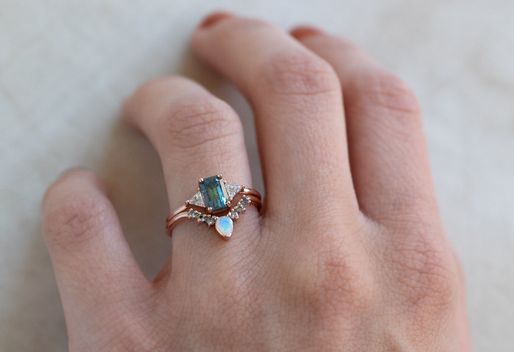 Opal + Montana Sapphire Sunburst Stacking Ring Stacked with Engagement Ring on Model