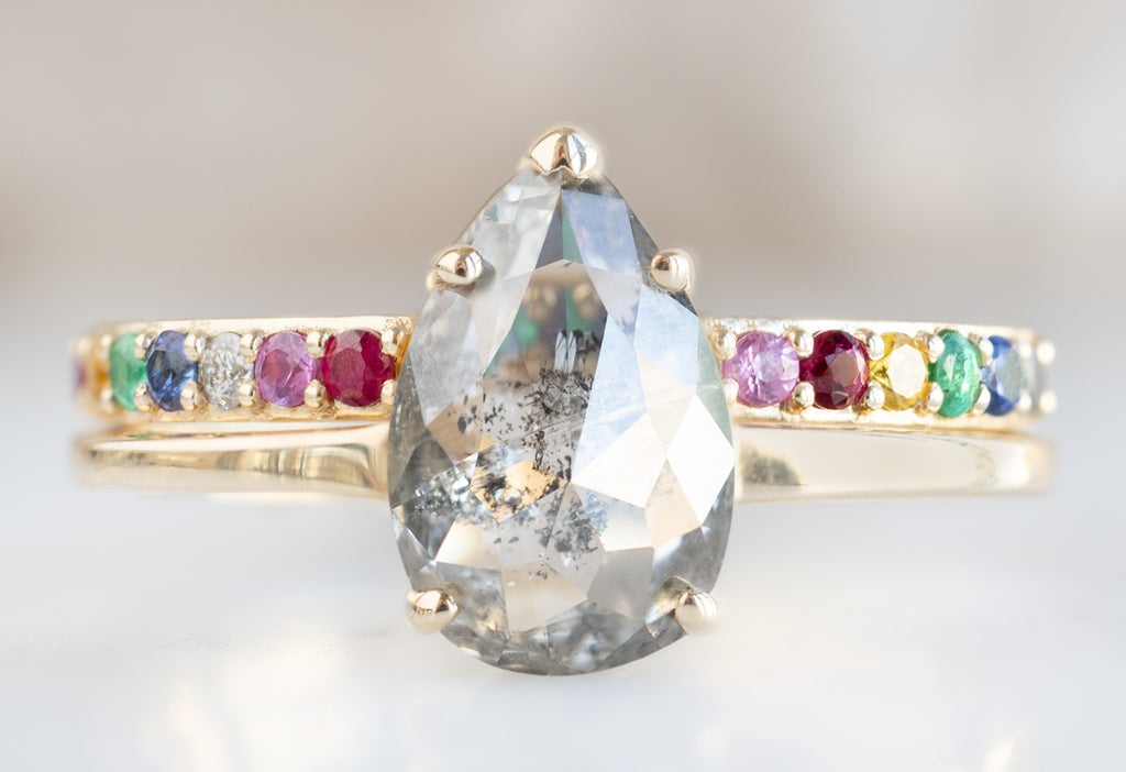 Pavé Rainbow Eternity Band Stacked with Salt and Pepper Diamond Engagement Ring