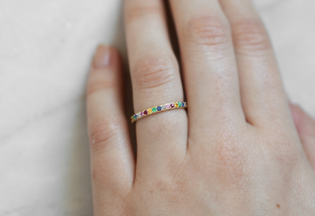 Pavé Rainbow Eternity Band on Model-14k Yellow Gold