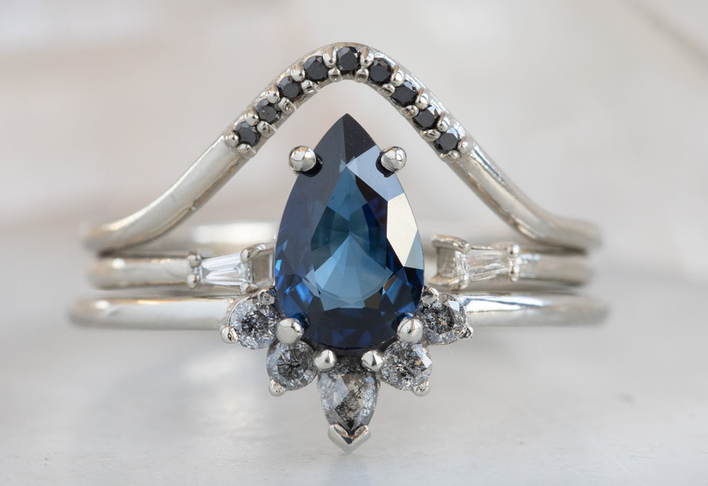 Pear Cut Sapphire Engagement Ring with Attached Diamond Sunburst