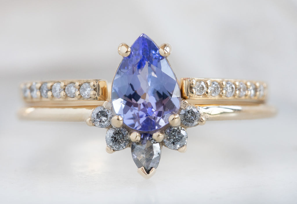 Pear Cut Tanzanite Engagement Ring with Attached Diamond Sunburst