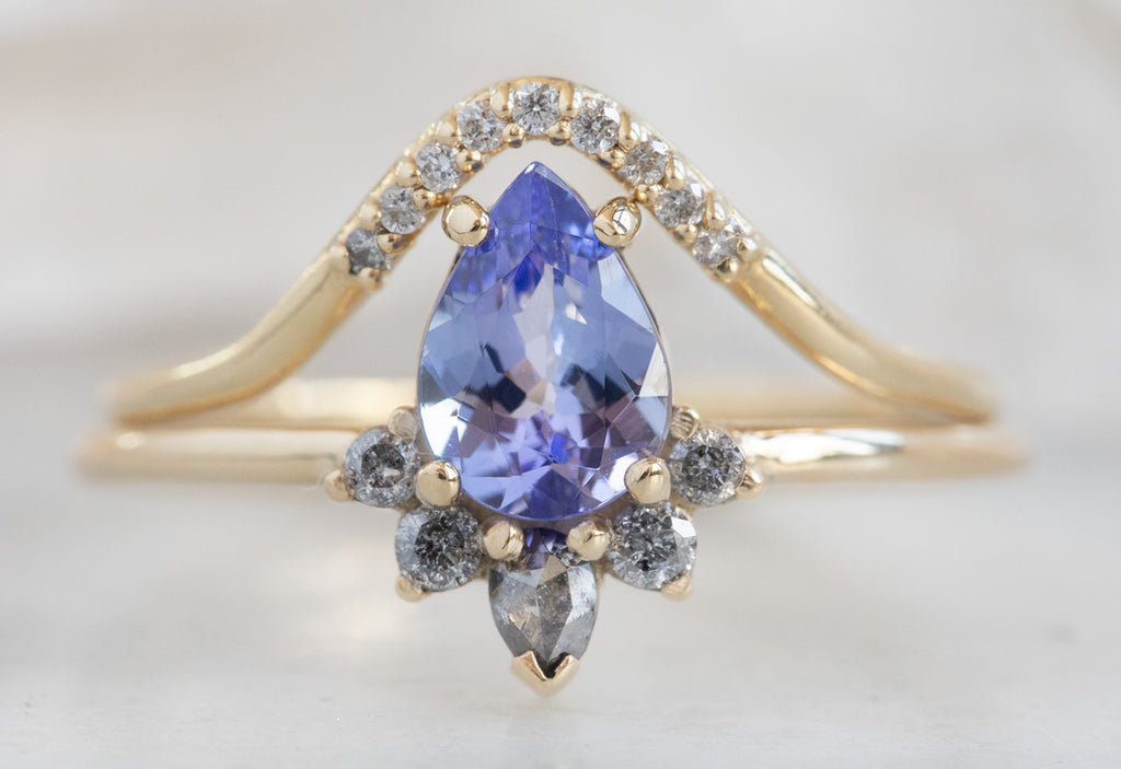 Pear Cut Tanzanite Engagement Ring with Attached Diamond Sunburst