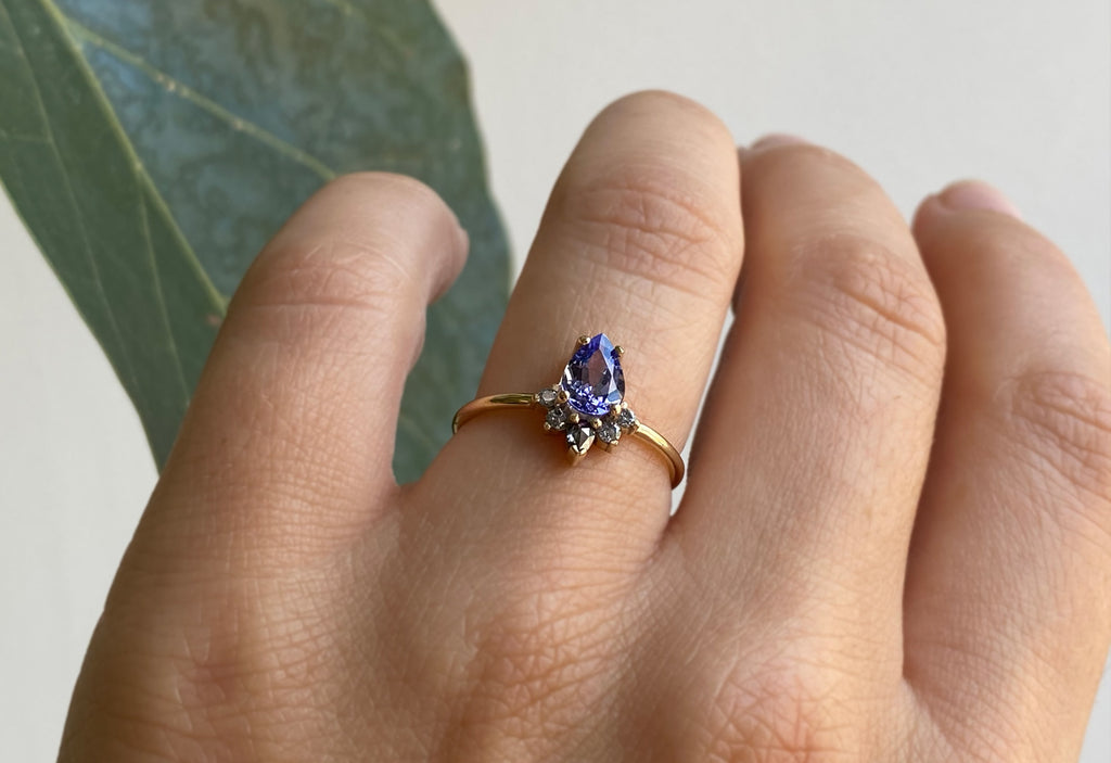 Pear Cut Tanzanite Engagement Ring with Attached Diamond Sunburst