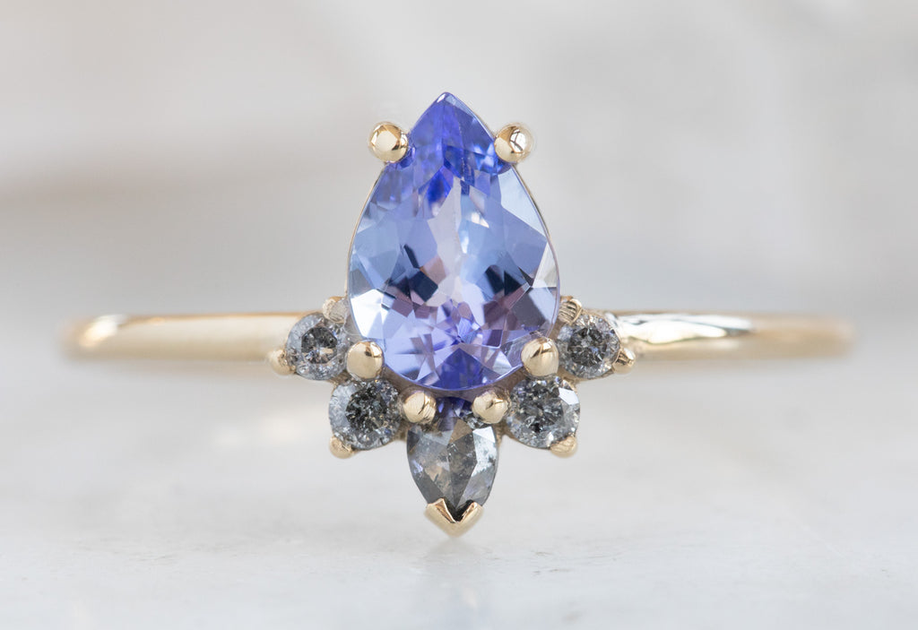 Pear Cut Tanzanite Engagement Ring with Attached Diamond Sunburst