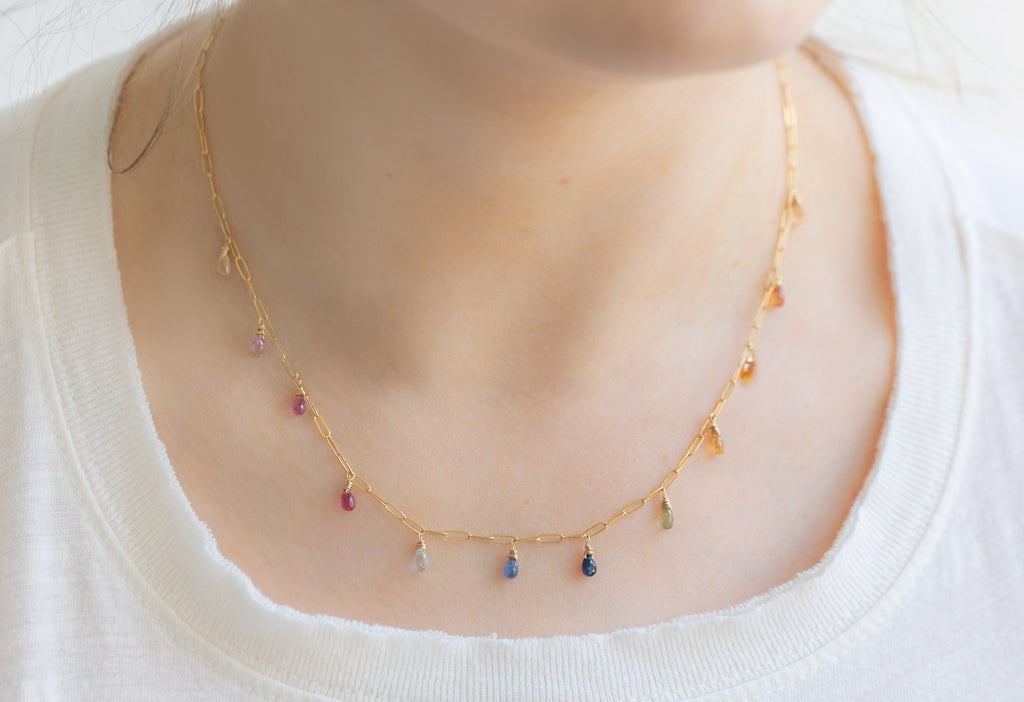 Rainbow Sapphire Briolette Necklace on Model