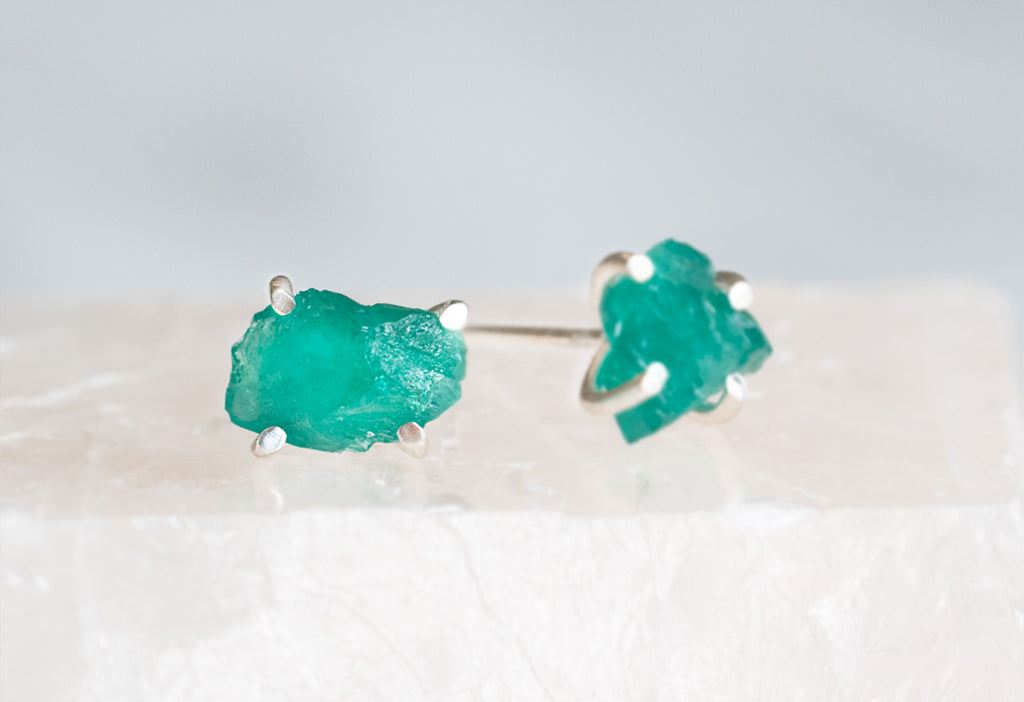 Raw Green Emerald Gemstone Stud Earrings