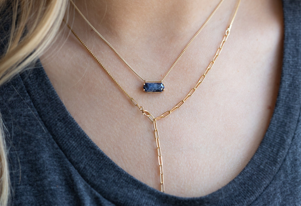 Raw Montana Sapphire Hexagon Necklace Stacked on Model-10k Yellow Gold