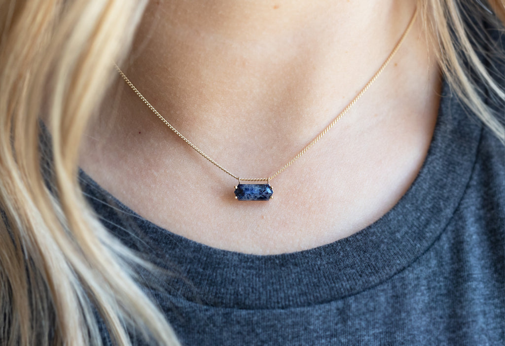 Raw Montana Sapphire Hexagon Necklace on Model-10k Yellow Gold