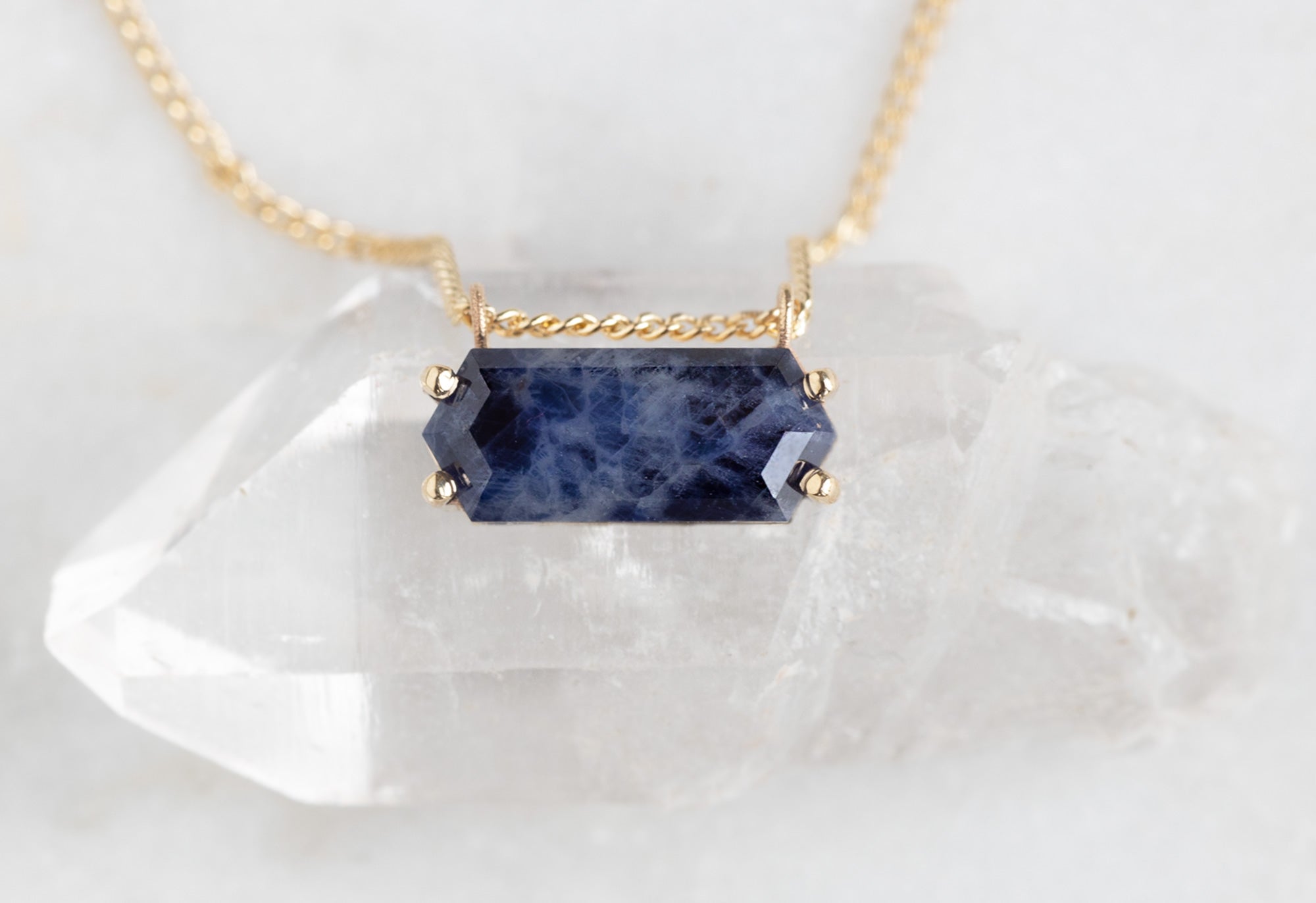 Raw Montana Sapphire Hexagon Necklace 10K Rose Gold