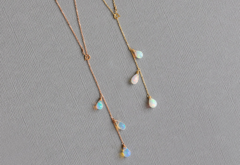 Natural Opal Cascade Lariat Necklace in Yellow and Rose Gold